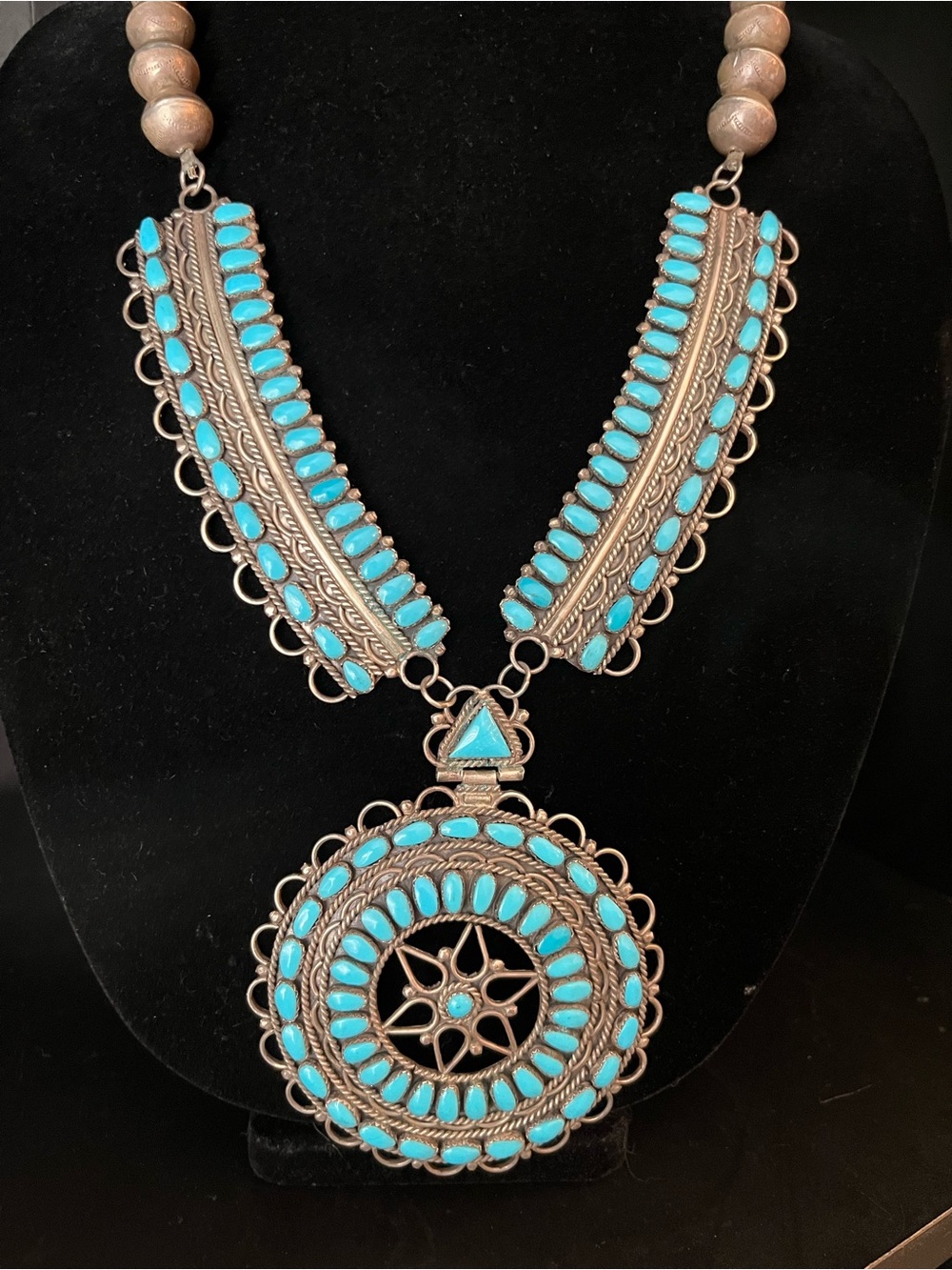Vintage Sterling Silver and Turquoise Cluster Statement Pendant Necklace - Picture 2 of 16